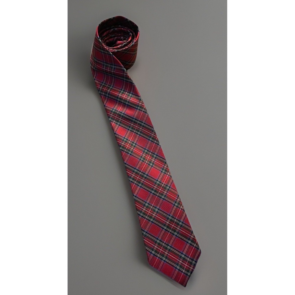 Tommy Hilfiger Mens Red Tartan Plaid Silk Necktie Holiday Classic Formal JBHS